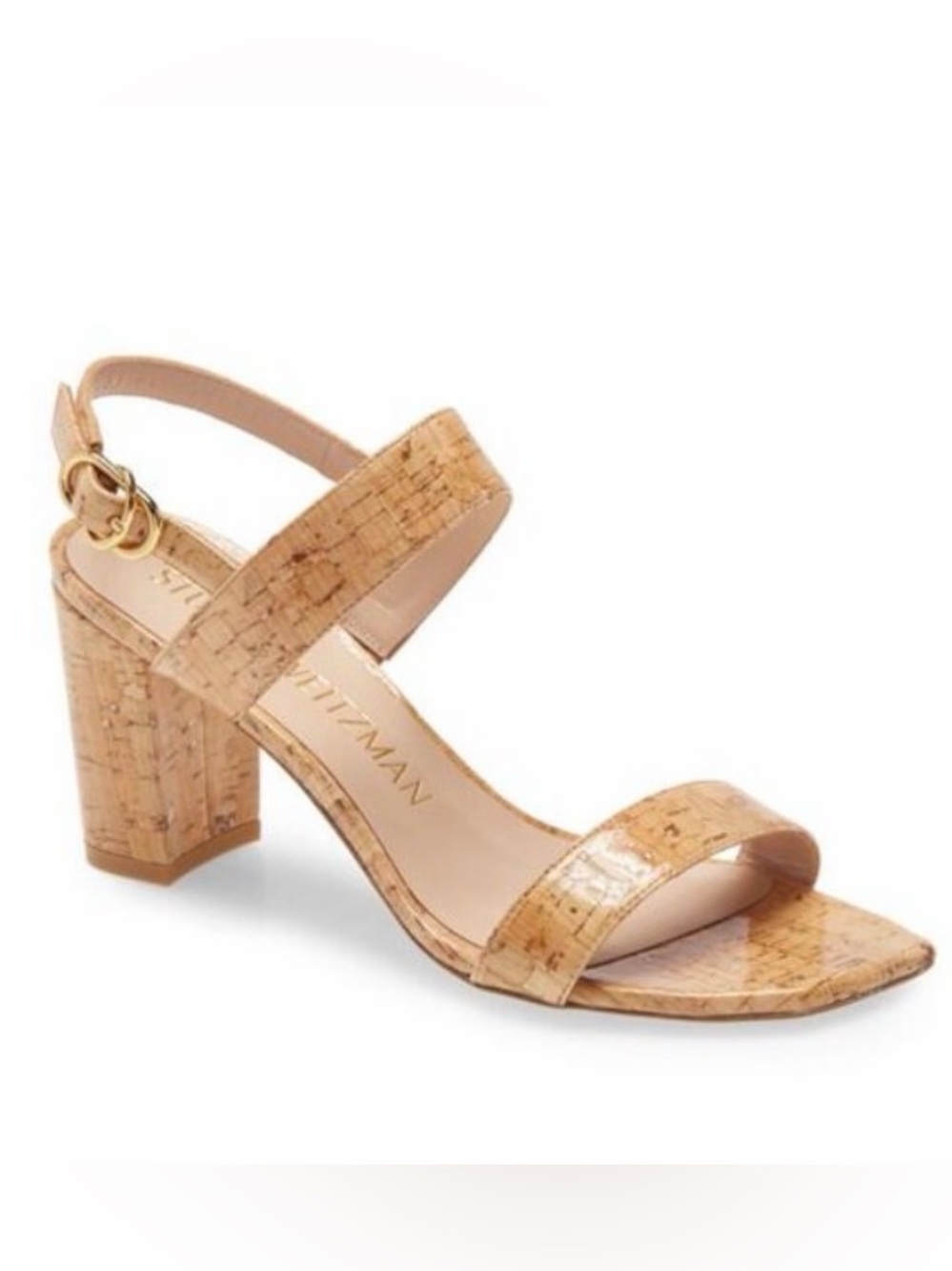 Stuart Weitzman Nearlynude Cork Patent Leather Block Heel Sandals – Size 8.5‎